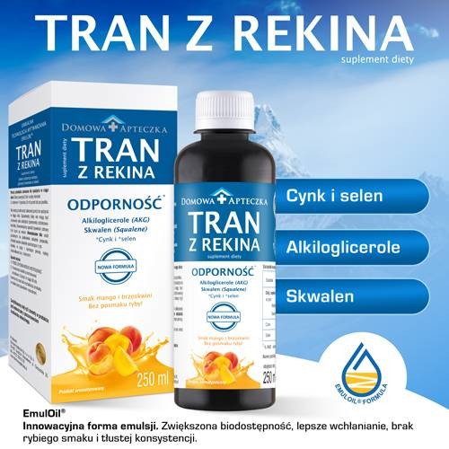 Miniaturka artykułu - #1 DOMOWA APTECZKA Tran z rekina o smaku mango-brzoskwinia emulsja, 250ml (nowa formuła)