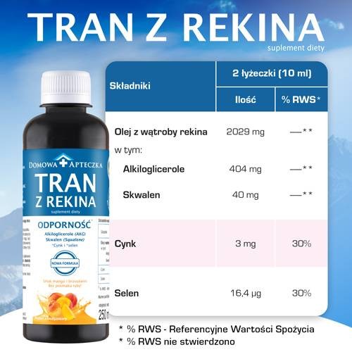 Zdjęcie produktu - 3 DOMOWA APTECZKA Tran z rekina o smaku mango-brzoskwinia emulsja, 250ml (nowa formuła)