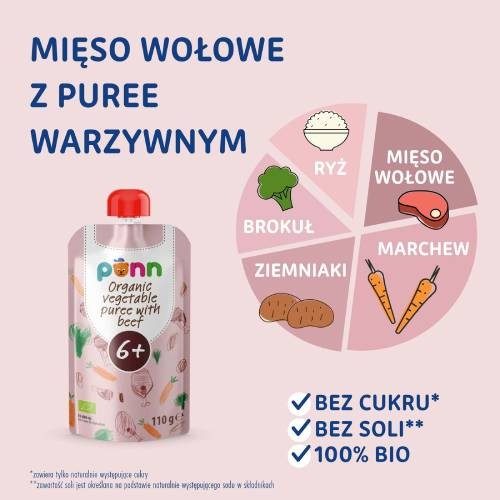 Miniaturka artykułu - #0 SALVEST P&Otilde;NN BIO Wołowina z puree warzywnym, 100g