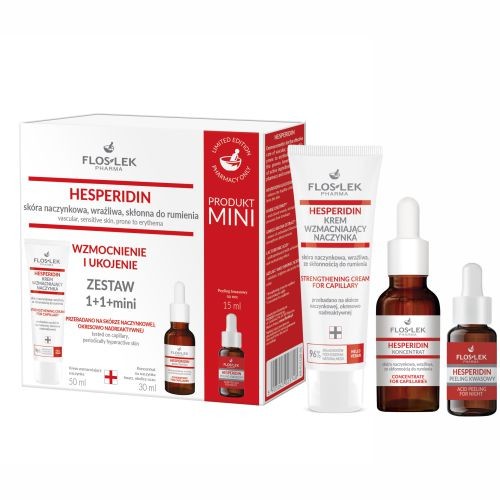 Zdjęcie produktu - 0 FLOS-LEK Zestaw prezentowy HESPERIDIN: Krem wzmacniający naczynka, 50ml + Koncentrat na naczynka, 30ml + Peeling kwasowy na noc, 15ml