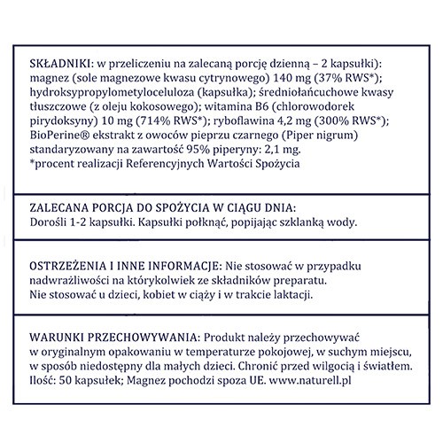 Zdjęcie produktu - 5 Naturell Magnez organiczny+, 100 kaps.