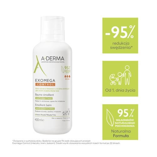 Miniaturka artykułu - #0 A-DERMA Exomega Control Baume balsam emolient przeciw drapaniu, 400ml