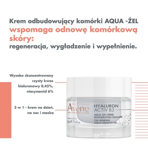 Miniaturka artykułu - #0 AVENE Hyaluron Activ B3 Krem odbudowujący kom&oacute;rki AQUA - ŻEL, 50ml