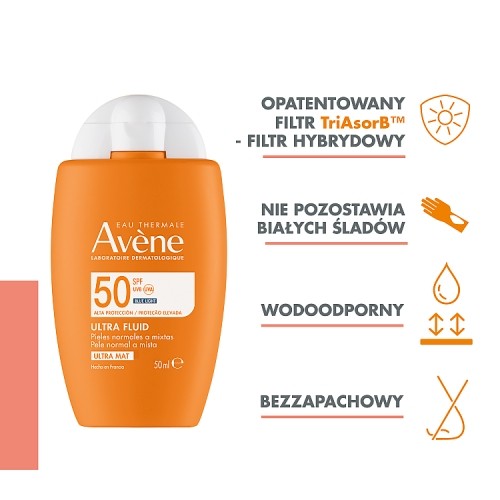 Miniaturka artykułu - #0 AVENE Eau Thermale Wysoka ochrona przeciwsłoneczna Ultra Fluid niewidoczny na sk&oacute;rze SPF50, 50ml