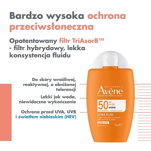 Zdjęcie produktu - 2 AVENE Eau Thermale Wysoka ochrona przeciwsłoneczna Ultra Fluid niewidoczny na sk&oacute;rze SPF50, 50ml