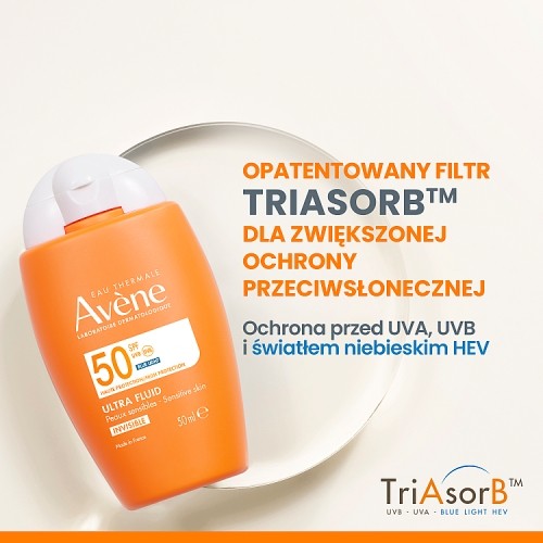 Zdjęcie produktu - 3 AVENE Eau Thermale Wysoka ochrona przeciwsłoneczna Ultra Fluid niewidoczny na sk&oacute;rze SPF50, 50ml