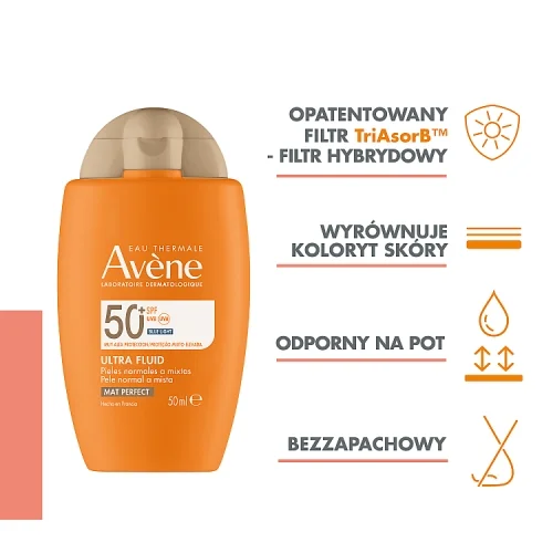 #1 – AVENE Bardzo wysoka ochrona przeciwsłoneczna Ultra Fluid Perfector SPF50+, 50ml