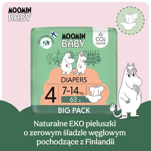 Zdjęcie produktu - 3 MOOMIN BABY Diapers Pieluszki ekologiczne 4 (7-14kg), 63szt.