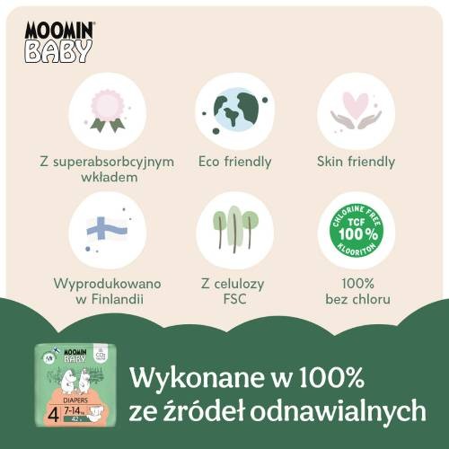 Zdjęcie produktu - 3 MOOMIN BABY Diapers Pieluszki ekologiczne 4 (7-14kg), 42szt.