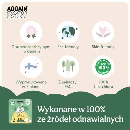 Zdjęcie produktu - 2 MOOMIN BABY Newborn Pieluszki ekologiczne 2 (3-6kg), 56szt.