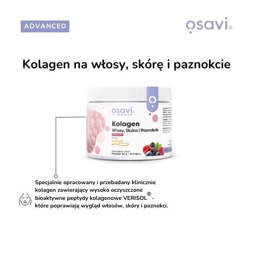 Miniaturka artykułu - #1 OSAVI Advanced Kolagen Włosy, Sk&oacute;ra i Paznokcie - smak Owoce Leśne Proszek, 150g