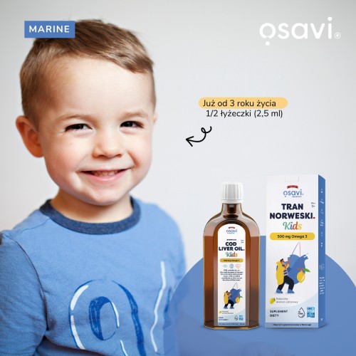 Miniaturka artykułu - #0 OSAVI Marine Tran norweski Kids 500mg Omega 3 cytrynowy, 250 ml