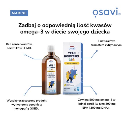 Miniaturka artykułu - #1 OSAVI Marine Tran norweski Kids 500mg Omega 3 cytrynowy, 250 ml