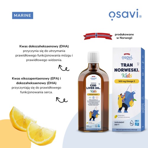 Zdjęcie produktu - 2 OSAVI Marine Tran norweski Kids 500mg Omega 3 cytrynowy, 250 ml