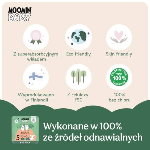 Zdjęcie produktu - 3 MOOMIN BABY Diapers Pieluszki ekologiczne 5 (10-16kg), 60szt.