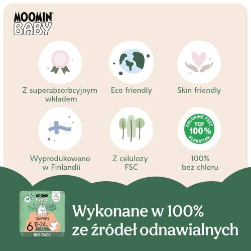 Zdjęcie produktu - 3 MOOMIN BABY Diapers Pieluszki ekologiczne 6 (12-24kg), 51szt.