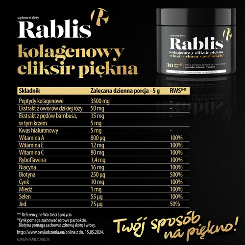 Miniaturka artykułu - #1 Rablis peptydy kolagenowe, kwas hialuronowy i biotyna o smaku arbuza i marakui, 150g