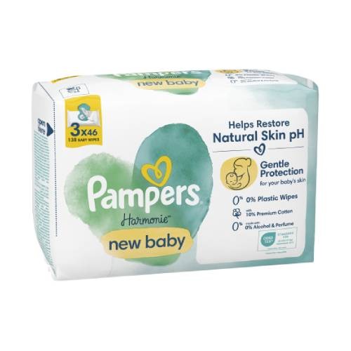 Zdjęcie produktu - 6 Pampers Harmonie New Baby Chusteczki nawilżane, 3x46szt.