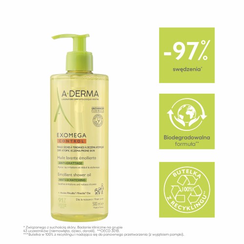 Miniaturka artykułu - #1 A-DERMA EXOMEGA Control Olejek emolient pod prysznic dla dzieci i dorosłych, 500ml