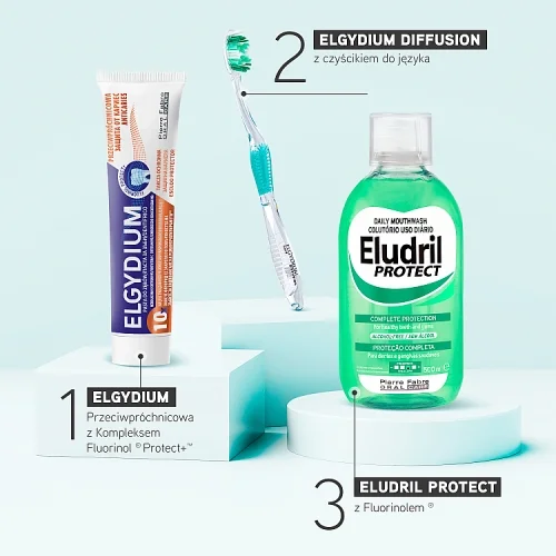 #1 – Elgydium Przeciwpr&oacute;chnicowa pasta do zęb&oacute;w z Kompleksem Fluorinol Protect+, 75 ml