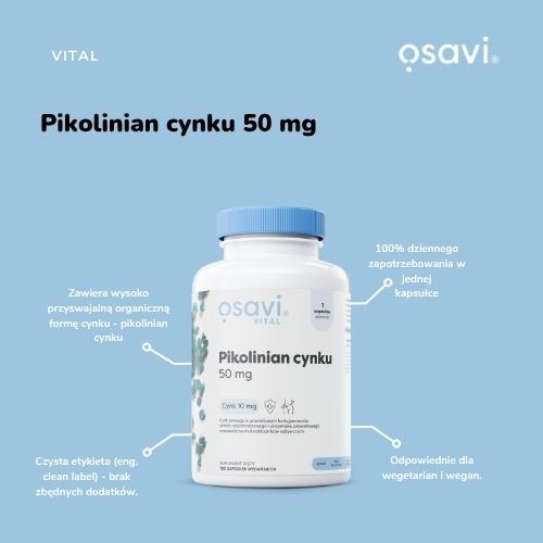 Miniaturka artykułu - #1 OSAVI Vital Pikolinian cynku 50mg cynk, 180 kaps. wegańskich