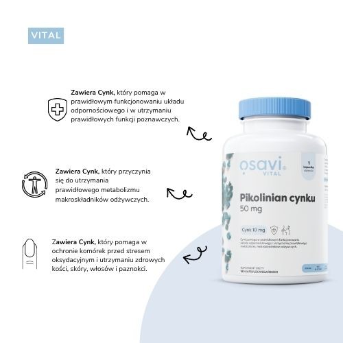 Zdjęcie produktu - 2 OSAVI Vital Pikolinian cynku 50mg cynk, 180 kaps. wegańskich