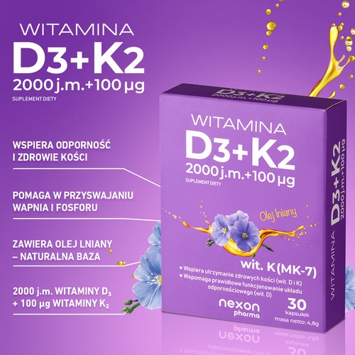 Miniaturka artykułu - #0 Witamina D3 + K2 2000 j.m. + 100 &mu;g, 30 kaps.