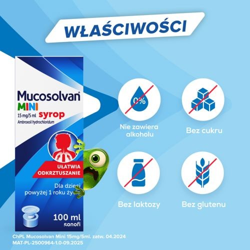 Zdjęcie produktu - 3 MUCOSOLVAN mini 15mg/5ml Syrop, 100ml - syrop dla dzieci na kaszel