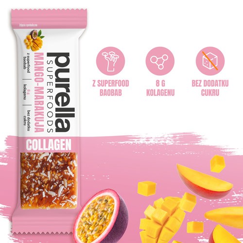 Miniaturka artykułu - #0 PURELLA Collagen Bar Baton kolagenowy Mango-Marakuja bez dodatku cukru, 40g