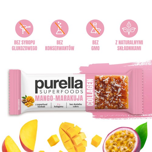 Miniaturka artykułu - #1 PURELLA Collagen Bar Baton kolagenowy Mango-Marakuja bez dodatku cukru, 40g