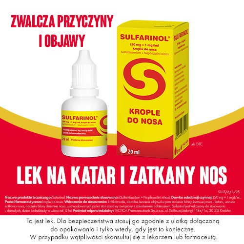 Miniaturka artykułu - #0 Sulfarinol Krople do nosa, 20 ml - lek stosowany w leczeniu kataru, uczucia zatkania nosa i obrzęku błony śluzowej nosa