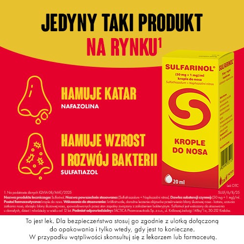 Miniaturka artykułu - #1 Sulfarinol Krople do nosa, 20 ml - lek stosowany w leczeniu kataru, uczucia zatkania nosa i obrzęku błony śluzowej nosa