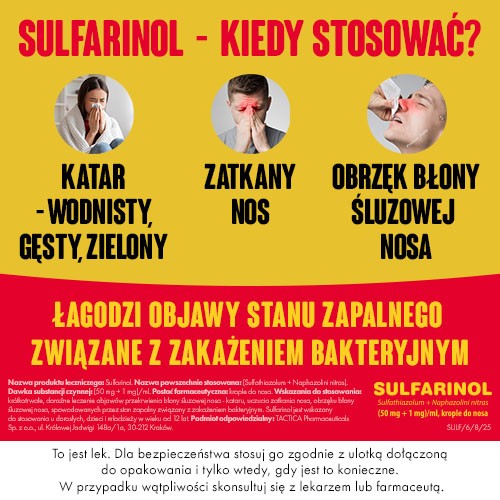 Zdjęcie produktu - 3 Sulfarinol Krople do nosa, 20 ml - lek stosowany w leczeniu kataru, uczucia zatkania nosa i obrzęku błony śluzowej nosa
