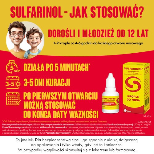 Zdjęcie produktu - 4 Sulfarinol Krople do nosa, 20 ml - lek stosowany w leczeniu kataru, uczucia zatkania nosa i obrzęku błony śluzowej nosa