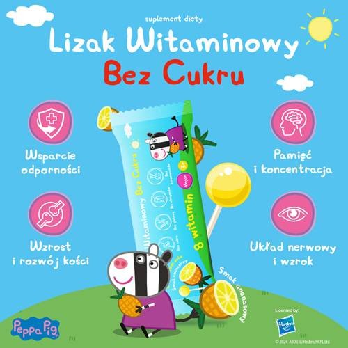Zdjęcie produktu - 2 PEPPA PIG Lizak witaminowy bez cukru smak ananasowy, 1 sztuka