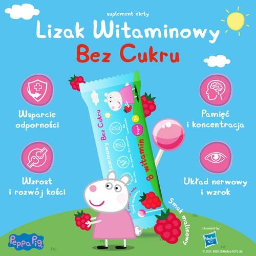 Zdjęcie produktu - 2 PEPPA PIG Lizak witaminowy bez cukru smak malinowy, 1 sztuka