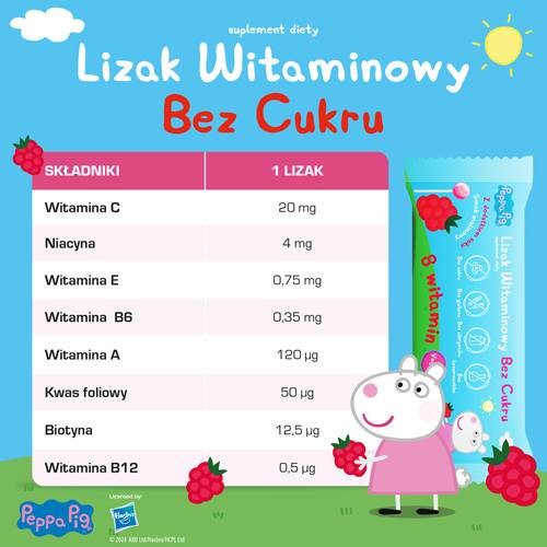 Zdjęcie produktu - 3 PEPPA PIG Lizak witaminowy bez cukru smak malinowy, 1 sztuka