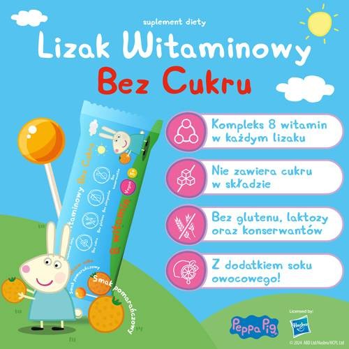 Miniaturka artykułu - #1 PEPPA PIG Lizak witaminowy bez cukru smak pomarańczowy, 1 sztuka