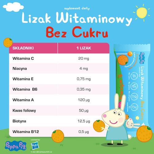 Zdjęcie produktu - 3 PEPPA PIG Lizak witaminowy bez cukru smak pomarańczowy, 1 sztuka