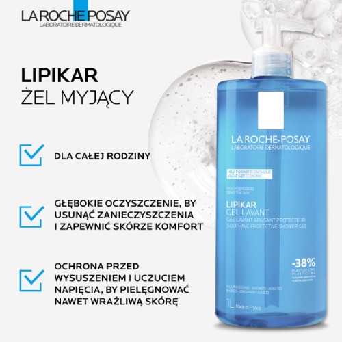 Miniaturka artykułu - #0 La Roche-Posay Lipikar Ochronny i kojący żel do mycia twarzy i ciała, 1000 ml