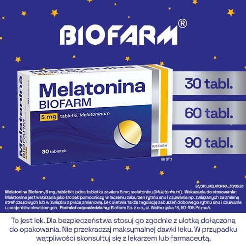 Zdjęcie produktu - 5 BIOFARM Melatonina 5mg, 30 tabletek