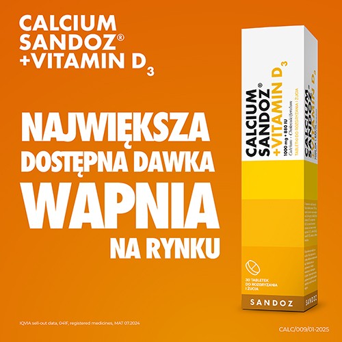 Zdjęcie produktu - 0 CALCIUM Sandoz 880IU + Vitamin D3 1000mg, 30 tabletek do żucia