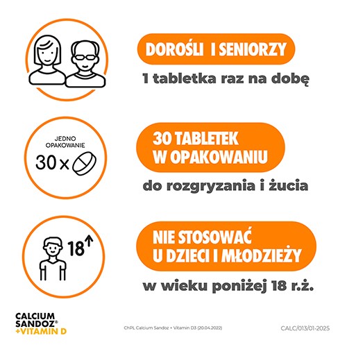 Zdjęcie produktu - 4 CALCIUM Sandoz 880IU + Vitamin D3 1000mg, 30 tabletek do żucia