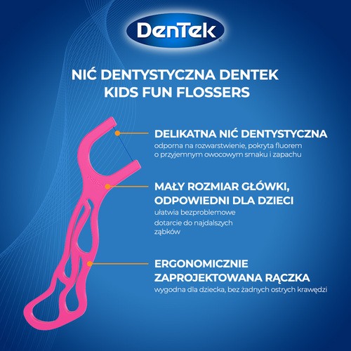 Zdjęcie produktu - 3 DENTEK Kids Wykałaczki z nicią dentystyczną dla dzieci Fyn Flossers, 40szt.