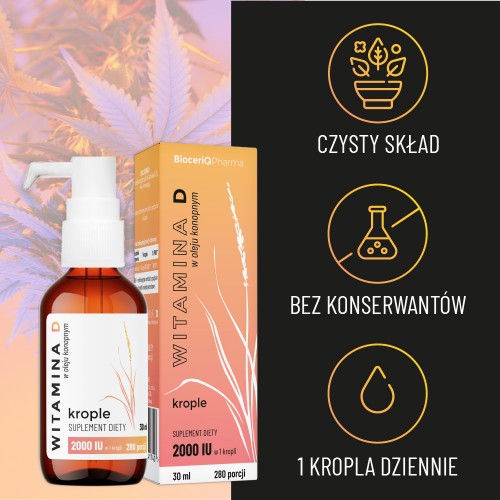 Miniaturka artykułu - #1 BioceriQ Pharma Witamina D W Oleju Konopnym 2000 IU, 30 ml