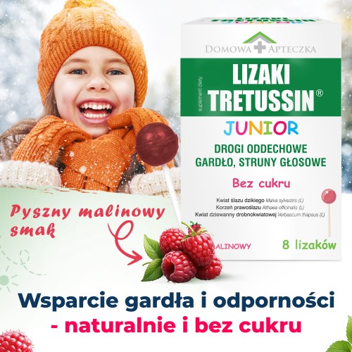 Miniaturka artykułu - #0 DOMOWA APTECZKA Tretussin Junior lizaki o smaku malinowym, 8 szt.