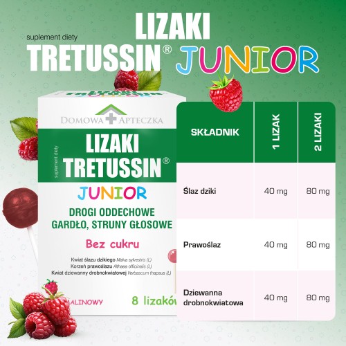 Zdjęcie produktu - 3 DOMOWA APTECZKA Tretussin Junior lizaki o smaku malinowym, 8 szt.