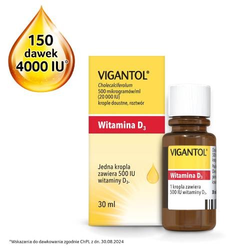 Miniaturka artykułu - #0 Vigantol krople 500 &micro;g (20 000 IU), 30 ml - Lek uzupełniający niedobory witaminy D