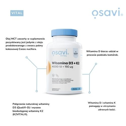 Miniaturka artykułu - #0 OSAVI Witamina D3 4000 IU + K2 150 &mu;g,120 kaps.