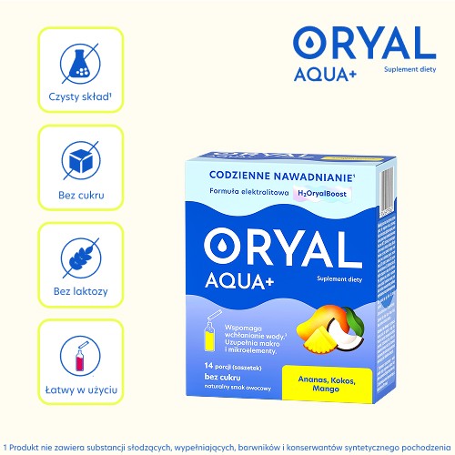 Zdjęcie produktu - 2 Oryal Aqua Elektrolity o smaku ananas-kokos-mango, 14 sasz.